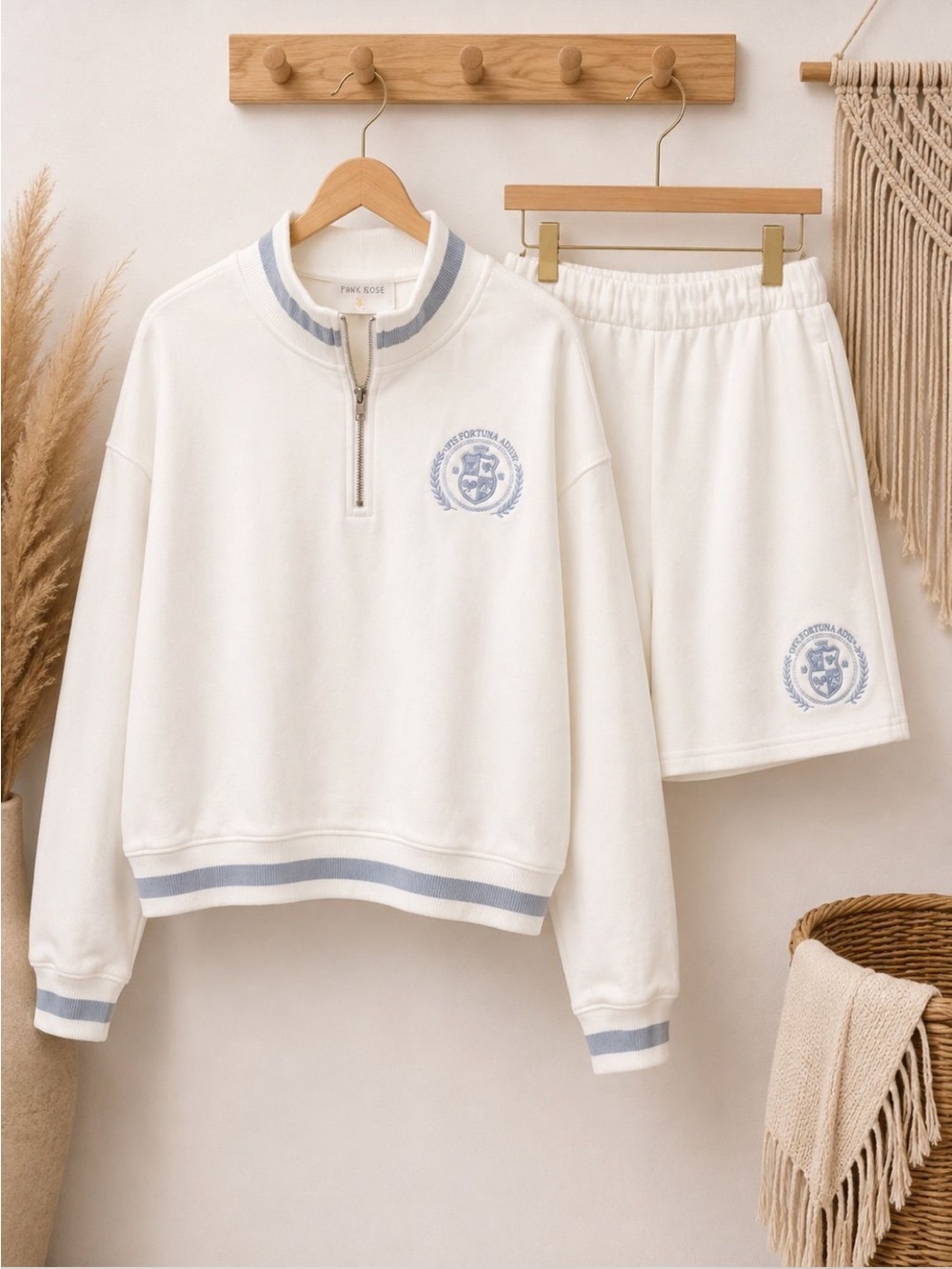 Pink Rose Cream Zip-Neck Sweatshirt and Skirt Set with Blue Trim
